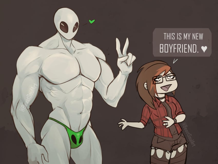 1boy 1girls 2019 abs alien alien/human alien_humanoid american_mythology beastsoul big_muscles brown_hair classic_alien clothed clothing dialogue duo english_text eyewear female gesture glasses green_clothing green_thong green_underwear grey_alien grey_body grey_skin hair heart highres human humanoid larger_male male mammal muscular muscular_humanoid muscular_male mythology navel north_american_mythology pecs public_domain roswell_grey simple_background size_difference smaller_female standing text thong thong_only topless underwear underwear_only urban_legend v_sign