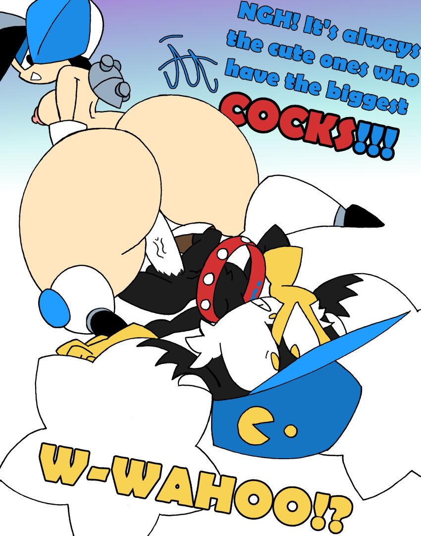 1boy 1girls absurd_res anthro armor ass big_ass big_breasts big_butt black_body clothing dialogue duo english_text erect_nipples erection felid feline female genitals hat headgear headwear helmet hi_res human hybrid klonoa klonoa_(series) lagomorph leporid looking_back male mammal mighty_switch_force mighty_switch_force! multicolored_body nipples nude on_bottom on_top patricia_wagon penetration penis rabbit rear_view reverse_cowgirl_position rexon02 riding sex sideboob simple_background tagme text two_tone_body vaginal vaginal_penetration video_games wayforward wide_hips yellow_eyes