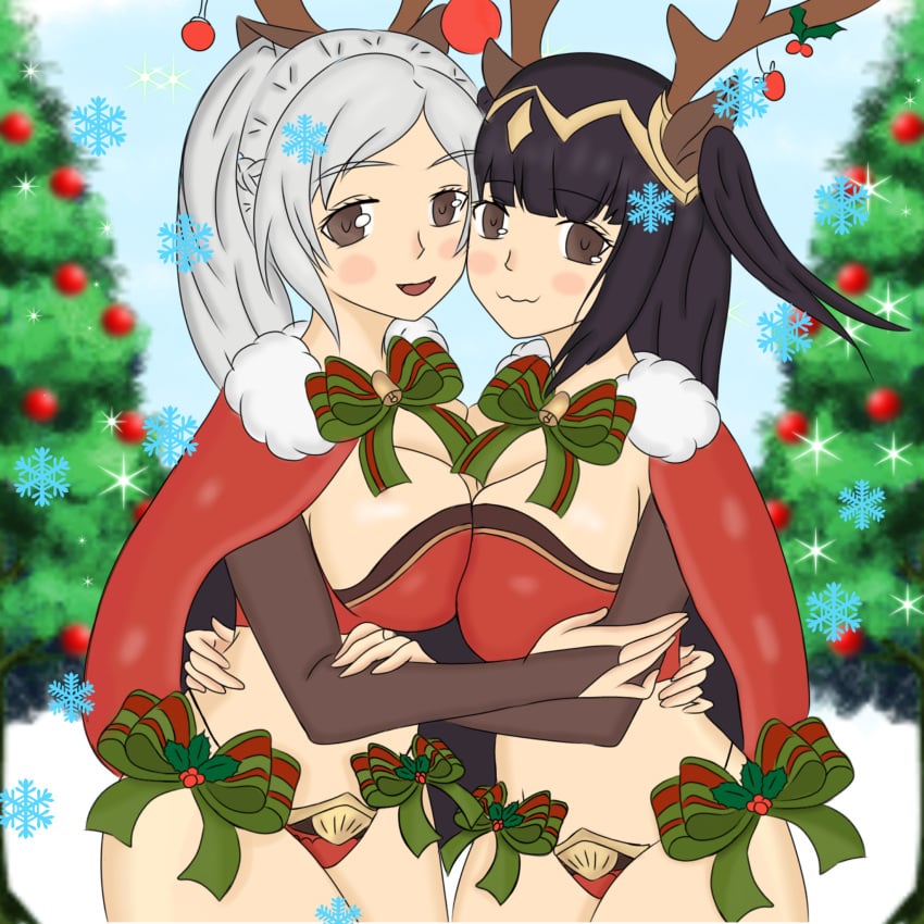 2girls alternate_costume bikini blush blush_stickers breast_press breasts cape christmas cleavage cosplay female female_only fire_emblem fire_emblem_awakening fire_emblem_heroes grey_hair haruka1556 highres holly_(plant) large_breasts long_hair looking_at_viewer multiple_girls nintendo official_alternate_costume robin_(fire_emblem) robin_(fire_emblem)_(female) snow snowflake swimsuit symmetrical_docking tharja_(fire_emblem) tharja_(fire_emblem)_(cosplay) tharja_(winter)_(fire_emblem) twintails wavy_mouth white_hair yuri