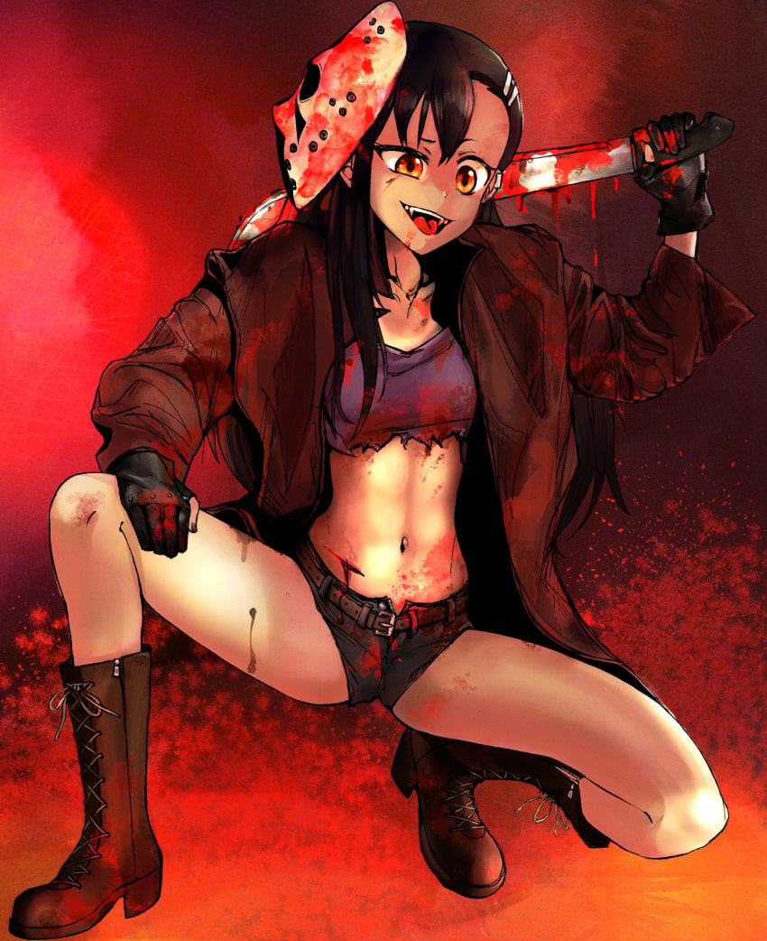 1girls black_hair blood blood_on_shoe blood_on_weapon breasts brown_eyes clothed clothing fangs female female_focus female_only halloween hayase_nagatoro hi_res highres kitsunetsuki long_hair looking_at_viewer navel open_mouth please_don't_bully_me,_nagatoro revealing_clothes simple_background small_breasts solo spread_legs tan tan-skinned_female tan_body tan_skin tanline tanned tanned_female tongue_out watermark