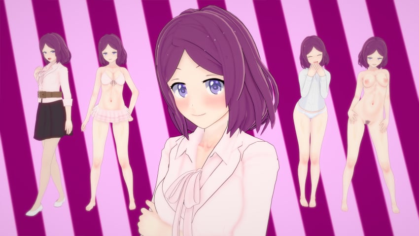 1girls 3d big_breasts bikini blush breasts clothed clothing curvy female female_focus female_only hi_res highres kanemori looking_at_viewer medium_hair new_game! nude pose pubic_hair purple_eyes purple_hair revealing_clothes simple_background smile solo sports_bra sportswear tooyama_rin wide_hips