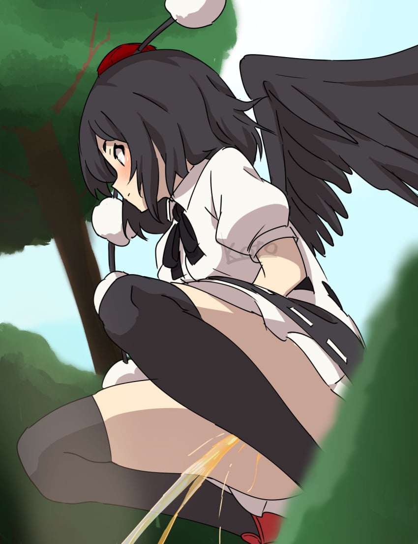 bangs black_hair black_socks black_thighhighs black_wings blush convenient_censoring day female hat highres legs outdoors peeing pom_pom_(clothes) red_headwear shameimaru_aya shirt short_hair signature skirt sky socks solo squatting thigh_socks thighhighs tokin_hat toko_(tenerezza666) touhou white_shirt wings