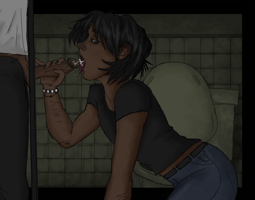 2boys ambiguous_gender androgynous bathroom bracelet cottt(artist) cum cum_in_mouth cumshot dark-skinned_femboy dark-skinned_male dark_skin ejaculation femboy gay glory_hole handjob open_mouth scars selfharm_scars toilet yaoi