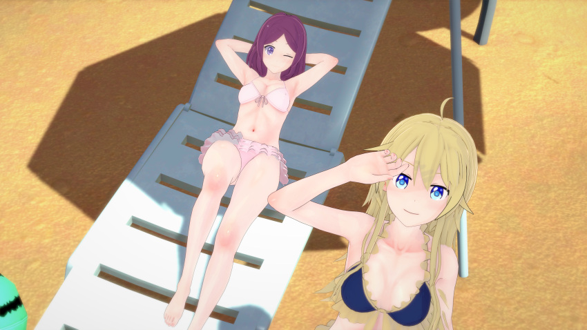 3d big_breasts bikini blush breasts clothed clothing curvy female female_focus female_only hi_res highres kanemori looking_at_viewer medium_hair new_game! pose purple_eyes purple_hair revealing_clothes simple_background smile sports_bra sportswear tooyama_rin wide_hips yagami_kou