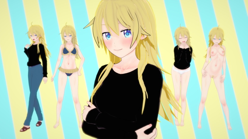 1girls 3d big_breasts bikini blonde_hair blue_eyes blush breasts clothed clothing curvy female female_focus female_only hi_res highres kanemori long_hair looking_at_viewer new_game! pose revealing_clothes simple_background smile solo sports_bra sportswear wide_hips yagami_kou