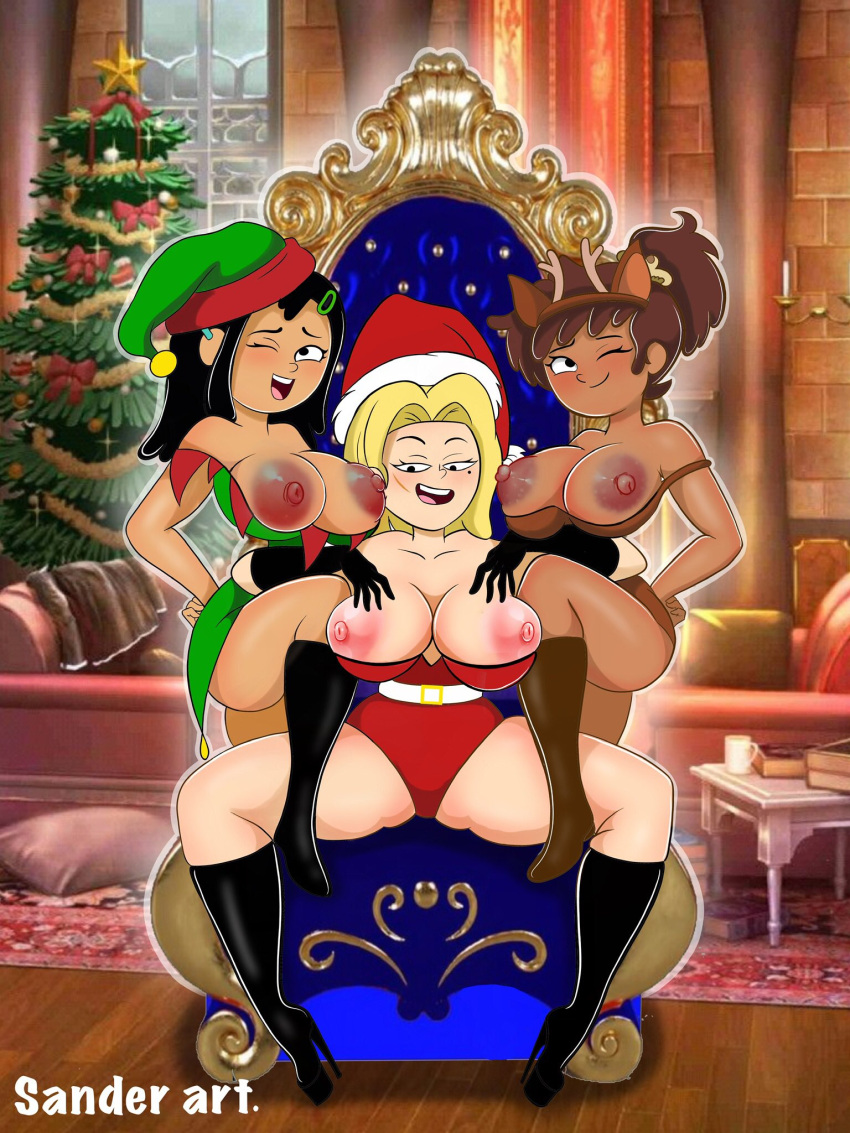 3girls adult aged_up amphibia amphibia_(finale) anne_boonchuy arms_around_partner artist_name big_breasts big_nipples black_hair blonde_hair breasts brown_hair busty christmas christmas_tree clothing commission costume curvaceous dark-skinned_female disney disney_channel elf_costume elf_hat female female_focus female_only hand_on_hip high_heel_boots hips holidays hourglass_figure huge_areolae huge_breasts huge_nipples interracial interracial_yuri leg_up legs marcy_wu multiple_girls nipples one_eye_closed pose reindeer_antlers reindeer_costume sander_art santa_costume santa_hat sasha_waybright scar seductive_pose skimpy skimpy_clothes skimpy_costume slender_waist smiling spread_legs straight_hair thick_thighs thighs throne trio trio_focus voluptuous wide_hips wink yuri