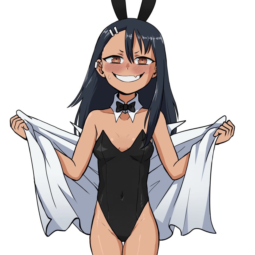 1girls black_hair blush breasts brown_eyes bunny_ears bunnysuit clothed clothing earrings fangs female female_focus female_only flashing gnsisir hayase_nagatoro hi_res highres long_hair looking_at_viewer please_don't_bully_me,_nagatoro revealing_clothes simple_background small_breasts smile solo tan tan-skinned_female tan_body tan_skin tanned tanned_female white_background