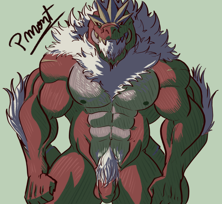 abs anthro balls bara barazoku beard biceps big_muscles black_sclera body_hair chest_hair dinosaur elbow_tuft facial_hair fangs flaccid fossil_pokémon front_view generation_6_pokemon genitals grey_body hi_res huge_muscles looking_at_viewer male male/male male_only muscular muscular_anthro muscular_male neck_tuft nintendo nipples nude pecs penis pinumontbalou pokémon_(species) pokemon pokemon_(species) pubes red_body reptile scales scalie solo spikes theropod tuft tyrannosaurid tyrantrum video_games white_eyes