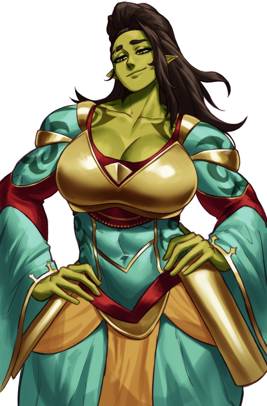 1girls absurd_res big_breasts black_hair cleavage commission dress elegant female female_only green-skinned_female green_eyes green_skin hands_on_hips long_hair looking_at_viewer muscular_female narrowed_eyes orc orc_female pointy_ears scar smiling smiling_at_viewer smug solo sotcho white_background