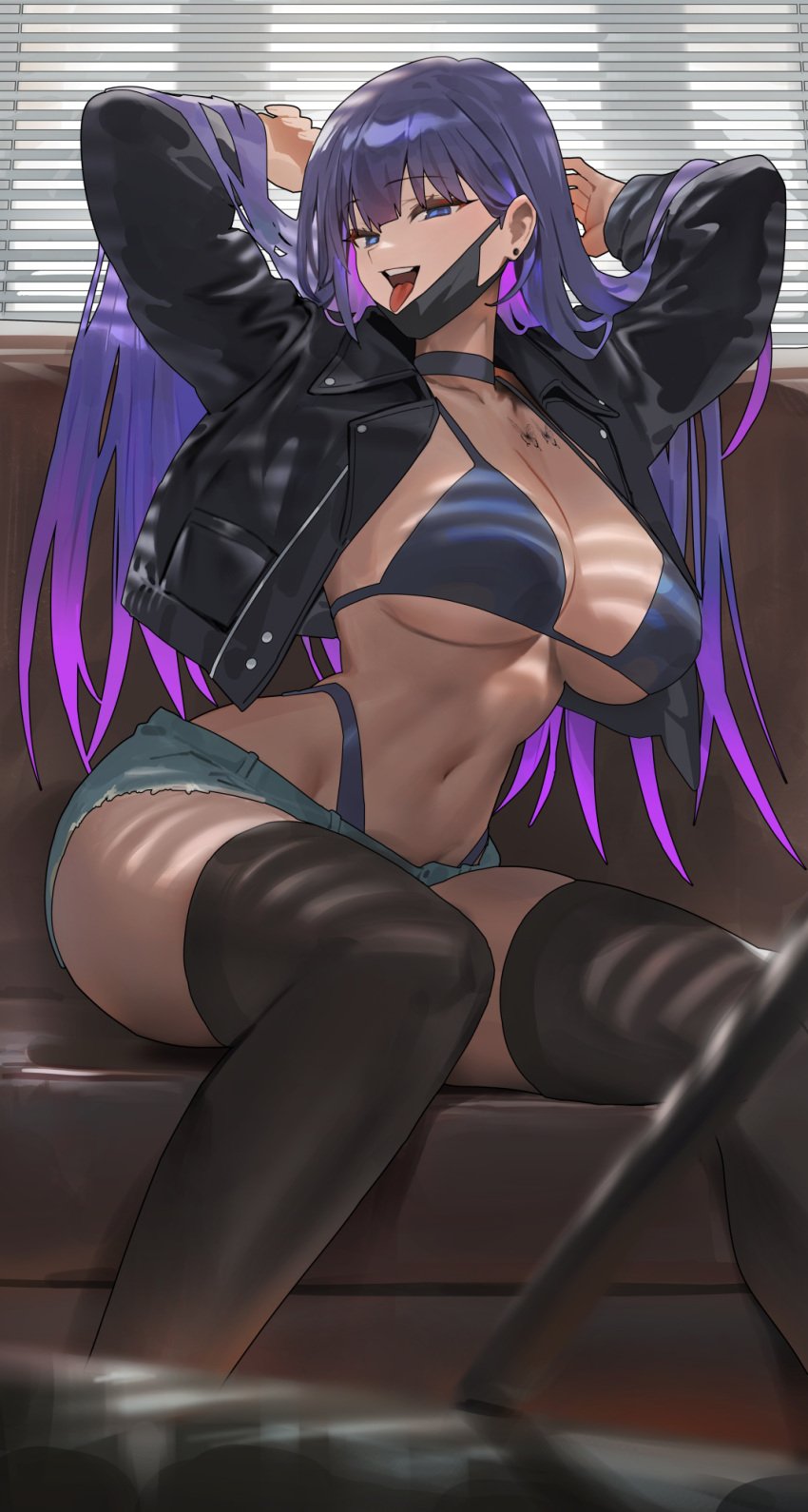 1girls bikini_top biya black_legwear blue_eyes breasts face_mask female hips hood_x_art huge_breasts legwear light-skinned_female light_skin long_hair mask naughty_face original original_character purple_hair slim_waist suggestive_look thick_thighs thighs wide_hips yuna_(biya)