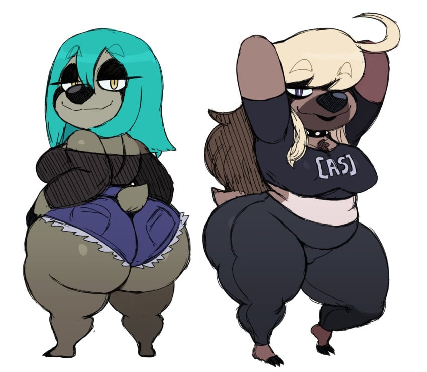 2girls 3_toes anthro ass big_ass blonde_hair bottom_heavy chibi clothing female female_only foot_focus green_hair huge_ass jazzy_(xingscourge) looking_at_viewer looking_back nella_(sssonic2) sloth smile sssonic2 standing thick_thighs toe_claws wide_hips xingscourge