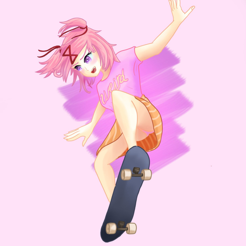 1girls 5_fingers doki_doki_literature_club female_only moritaris natsuki_(doki_doki_literature_club) panchira panties pink_eyes pink_hair pink_panties skateboard skater skater_natsuki skirt solo solo_female upskirt