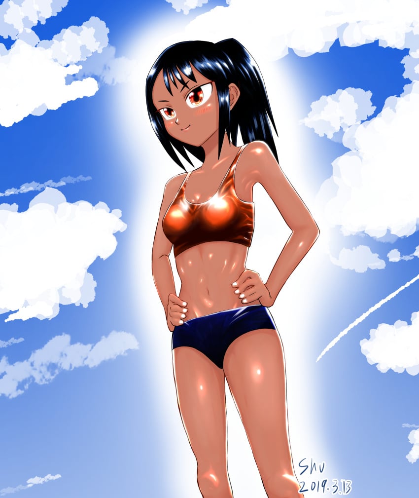 1girls black_hair blush breasts brown_eyes clothed clothing female female_focus female_only hayase_nagatoro hi_res highres long_hair medium_breasts navel please_don't_bully_me,_nagatoro ponytail pose revealing_clothes simple_background smile solo sports_bra sportswear tan tan-skinned_female tan_body tan_skin tanned tanned_female vanitas_(artist) watermark