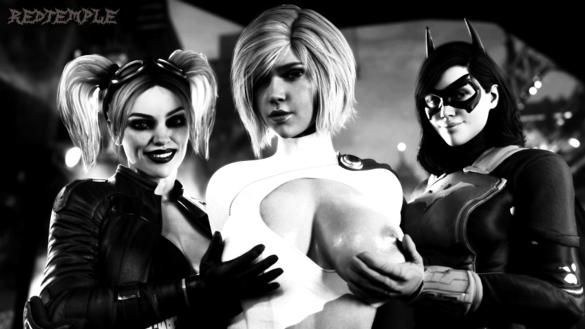 3d 3girls batgirl batgirl_(gotham_knights) batman_(series) big_breasts blender blonde_hair blue_eyes breasts curvy cute dc dc_comics female female_only gotham_knights harley_quinn harley_quinn_(injustice) huge_breasts injustice_2 karen_starr large_breasts power_girl power_girl_(injustice) redtemple seductive superman_(series)