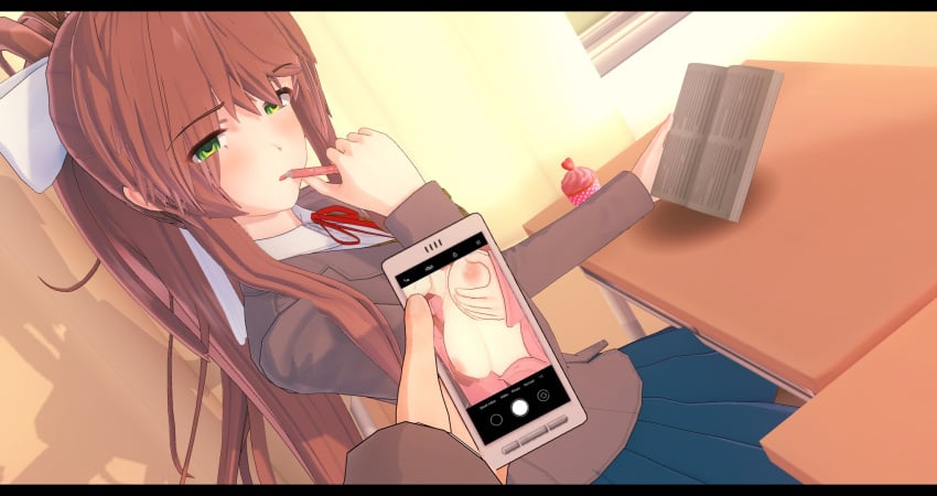 1girls ambiguous_gender bedroom_eyes blue_skirt book bow breasts_out breasts_out_of_clothes brown_hair cometz cupcake doki_doki_literature_club duo female female_only food green_eyes holding_book holding_object holding_phone koikatsu looking_at_viewer mc_(doki_doki_literature_club!) monika_(doki_doki_literature_club) pen phone ponytail school_uniform skirt uniform white_bow