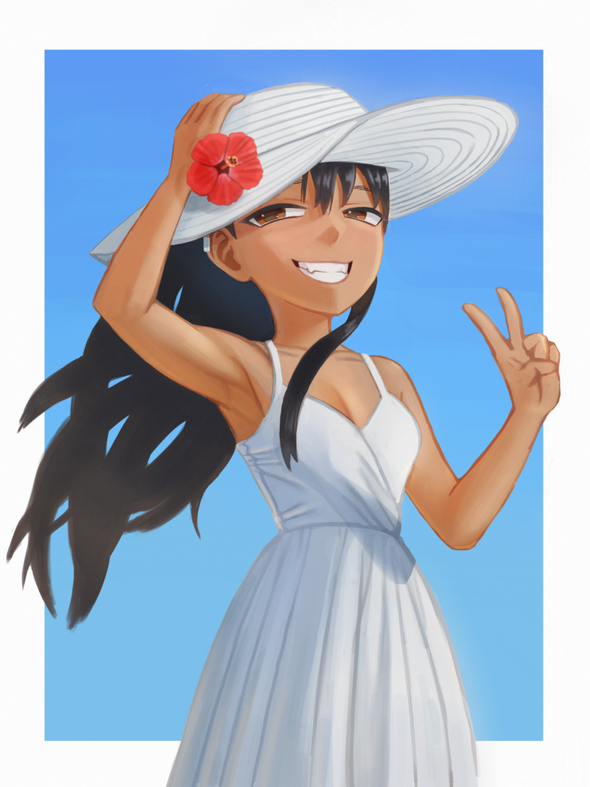 1girls black_hair breasts brown_eyes cleavage clothed clothing earrings female female_focus female_only hat hayase_nagatoro hi_res highres kkrustee long_hair looking_at_viewer peace_sign please_don't_bully_me,_nagatoro revealing_clothes simple_background small_breasts smile solo summer_dress tan tan-skinned_female tan_body tan_skin tanned tanned_female