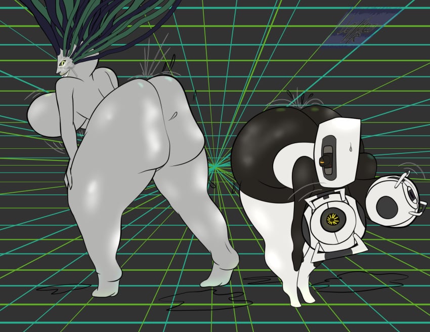 2girls ass_clapping big_ass big_breasts clapping_cheeks female_with_face_unlike_mammal glados lewdnesswar monster_girl multiple_girls naked nightmare_waifu nude nude_female portal_(series) robot_girl shodan sideboob system_shock tagme throwing_it_back twerking valve video_game_character