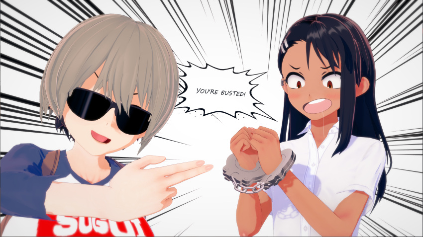 2girls 3d arrest black_hair blush breasts brown_eyes clothed clothing cross_(artist) crossover english_text female female_only grey_hair handcuffs hayase_nagatoro hi_res highres long_hair open_mouth please_don't_bully_me,_nagatoro pose revealing_clothes simple_background small_breasts smile tan tan-skinned_female tan_body tan_skin tanned tanned_female text uzaki-chan_wa_asobitai! uzaki_hana