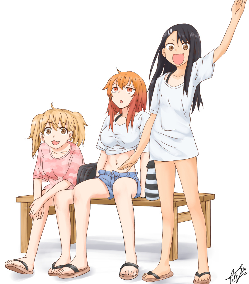 3girls big_breasts black_hair blonde_hair breasts brown_eyes clothed clothing fangs female female_only gamo-chan hayase_nagatoro hi_res highres long_hair medium_hair multiple_girls navel open_mouth orange_eyes orange_hair please_don't_bully_me,_nagatoro pose revealing_clothes simple_background small_breasts smile tan tan-skinned_female tan_body tan_skin tanline tanned tanned_female tokisan watermark white_background yoshi_(nagatoro)