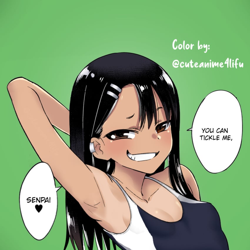 1girls 774_(nanashi) black_hair blush breasts brown_eyes clothed clothing cuteanime4lifu english_text female female_focus female_only hayase_nagatoro hi_res highres long_hair looking_at_viewer please_don't_bully_me,_nagatoro pose revealing_clothes simple_background small_breasts solo standing swimsuit tan tan-skinned_female tan_body tan_skin tanline tanned tanned_female text watermark