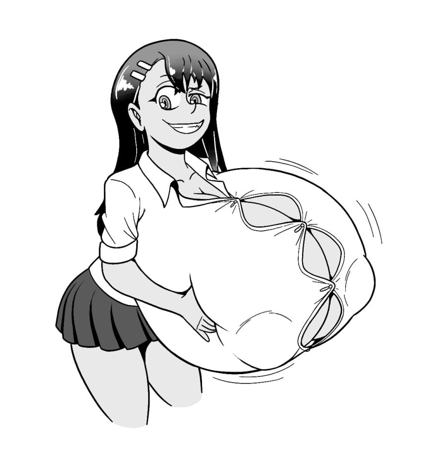 1girls big_breasts black_hair breasts cleavage clothed clothing curvy female female_focus female_only hayase_nagatoro hi_res highres hyper_breasts kingmelon long_hair monochrome please_don't_bully_me,_nagatoro revealing_clothes sideboob simple_background smile solo white_background