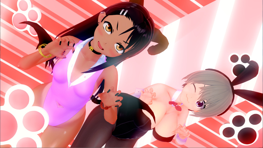 2girls 3d black_hair blue_eyes blush breasts brown_eyes bunny_ears bunnysuit clothed clothing cross_(artist) crossover demon demon_girl demon_horns demon_tail female female_only grey_hair hayase_nagatoro hi_res highres long_hair navel open_mouth please_don't_bully_me,_nagatoro pose revealing_clothes simple_background small_breasts smile tan tan-skinned_female tan_body tan_skin tanline tanned tanned_female uzaki-chan_wa_asobitai! uzaki_hana wink