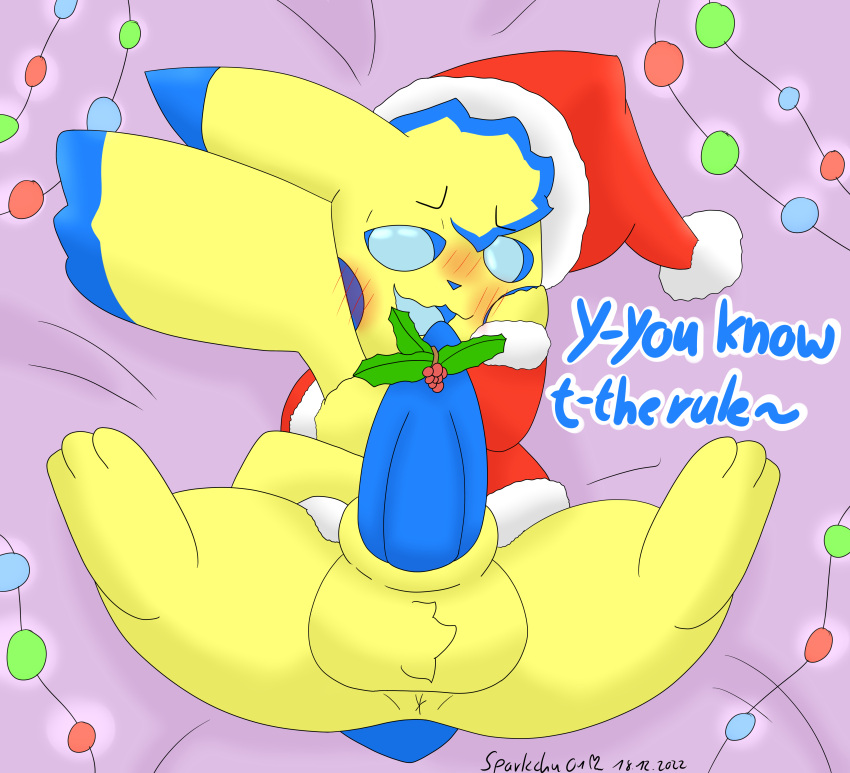 absurd_res animal_genitalia anus ball_tuft balls bed bedroom_eyes big_balls big_ears big_penis blue_body blue_cheeks blue_eyes blue_fur blue_hair_tips blue_mouth blue_pupils blue_sclera blue_tongue blush blush_lines christmas christmas_clothing christmas_headwear christmas_lights clothing cute_expression erection feral fur furniture generation_1_pokemon genitals half-closed_eyes hat headgear headwear hi_res holidays lying lying_on_bed male mammal mistletoe narrowed_eyes nervous nervous_smile nintendo on_back on_bed on_bedding paw_on_cheek paws penis pikachu plant pokémon_(species) pokemon pokemon_(species) presenting presenting_balls presenting_penis pupils rodent santa_hat seductive shaded sheath shy simple_background solo sparkchu sparkchu01 spread_legs spreading tail_hug tapering_penis tongue tuft unsheathed video_games yellow_body yellow_fur