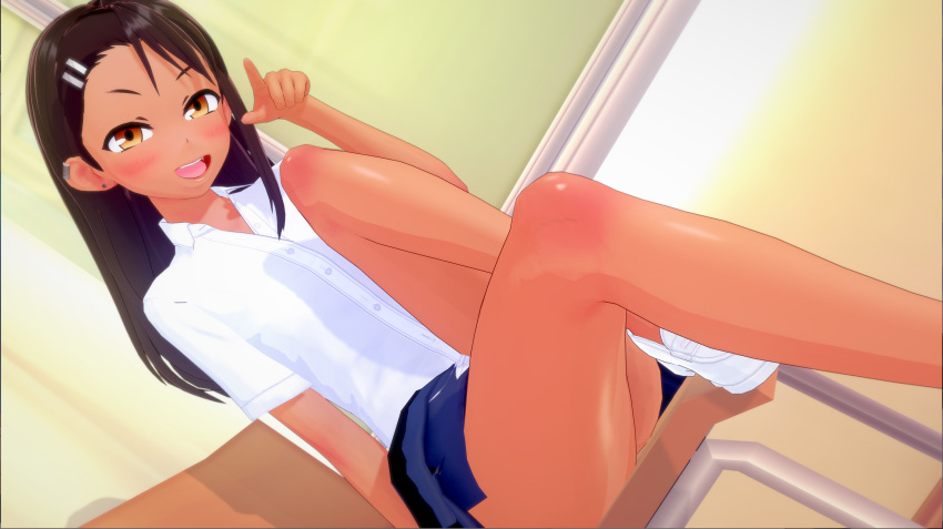 1girls 3d black_hair blush breasts brown_eyes clothed clothing cross_(artist) earrings female female_focus female_only hayase_nagatoro hi_res highres homuchitan long_hair looking_at_viewer open_mouth please_don't_bully_me,_nagatoro pointing revealing_clothes simple_background skirt small_breasts solo tan tan-skinned_female tan_body tan_skin tanned tanned_female upskirt