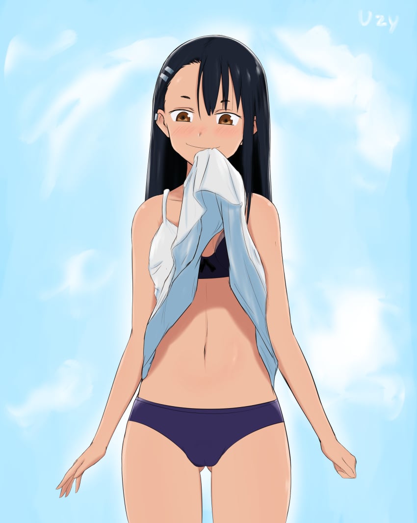 1girls bikini black_hair blush breasts brown_eyes clothed clothing earrings female female_focus female_only hayase_nagatoro hi_res highres long_hair navel please_don't_bully_me,_nagatoro revealing_clothes shirt_lift simple_background small_breasts solo tan tan-skinned_female tan_body tan_skin tanned tanned_female uzy_(artist)