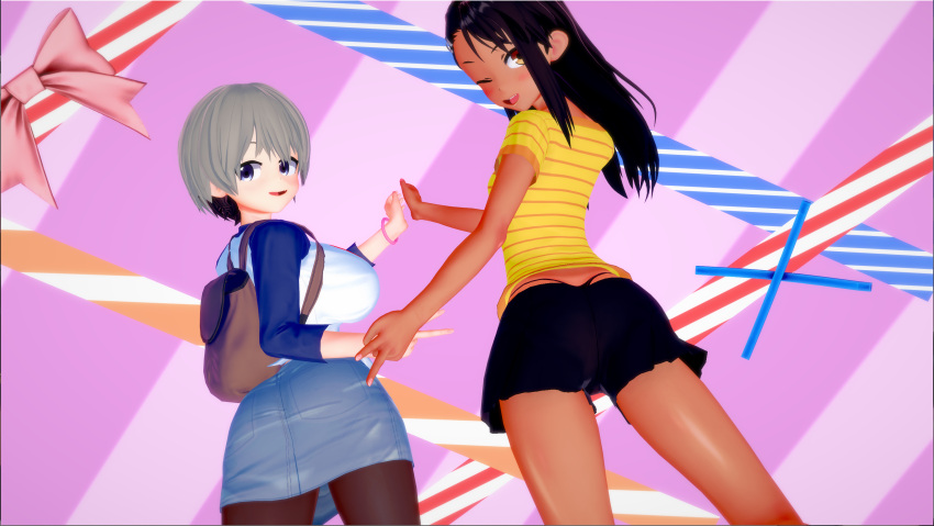 2girls 3d ass big_ass black_hair blue_eyes blush breasts brown_eyes clothed clothing cross_(artist) crossover female female_only grey_hair hayase_nagatoro hi_res highres long_hair looking_at_viewer looking_back open_mouth please_don't_bully_me,_nagatoro pose revealing_clothes simple_background small_breasts smile tan tan-skinned_female tan_body tan_skin tanned tanned_female thong uzaki-chan_wa_asobitai! uzaki_hana whale_tail wink