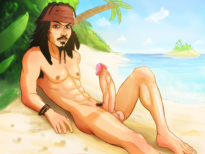 anma barefoot beach bracelet disney erection jack_sparrow large_penis looking_at_viewer male male_only nude pirates_of_the_caribbean solo