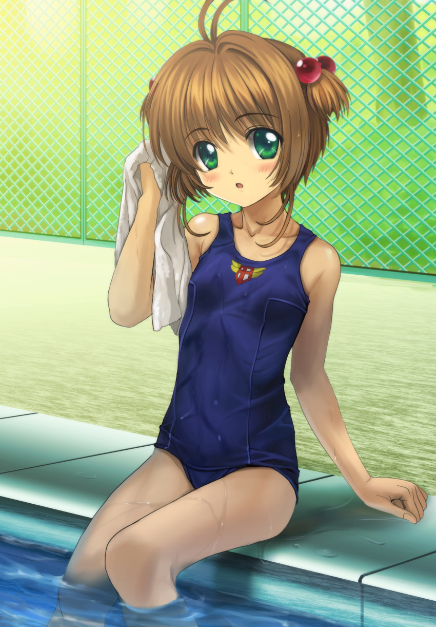 1girls blush breasts brown_hair cardcaptor_sakura female human light-skinned_female light_skin looking_at_viewer mutsuki_(moonknives) sakura_kinomoto school_swimsuit short_hair sitting small_breasts solo swimsuit tagme wet