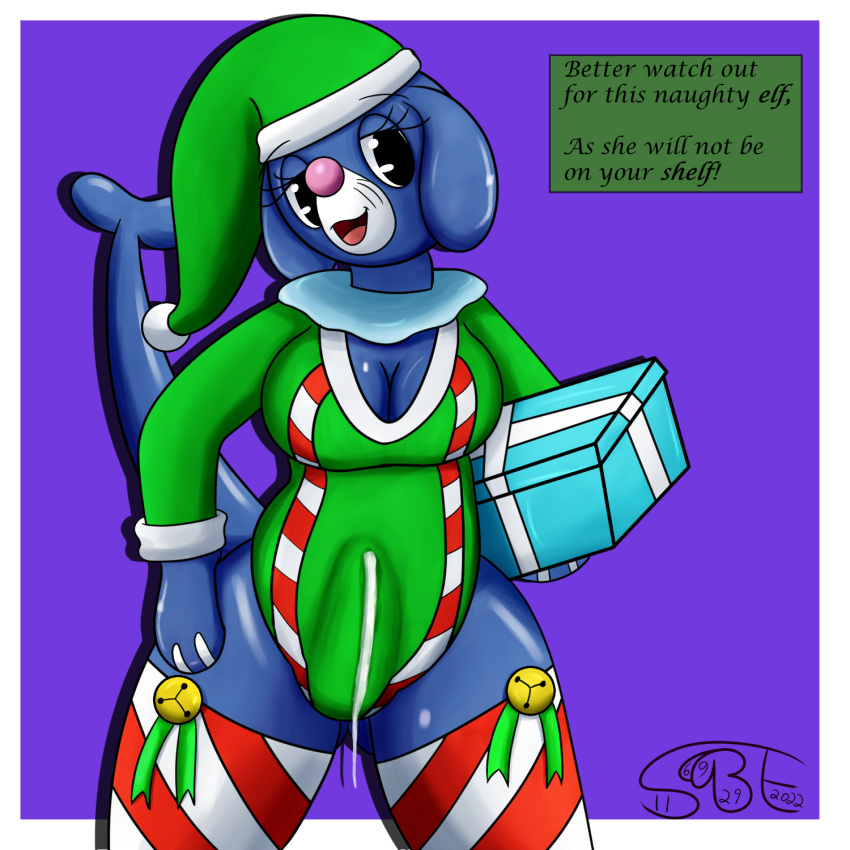 anthro big_breasts blue_body bodily_fluids breasts bulge cameltail christmas christmas_clothing christmas_headwear clothed clothing cum cum_drip cum_in_clothing cum_through_clothes cum_through_clothing cumshot dripping ejaculation erection erection_in_panties erection_under_clothes erection_under_clothing fizzy_pop_the_popplio floppy_ears futanari generation_7_pokemon genital_fluids gift hands-free handsfree_ejaculation headgear headwear herm hi_res holidays intersex looking_at_viewer nintendo panties panty_bulge penis_bulge penis_in_panties penis_under_clothes pokémon_(species) pokemon pokemon_(species) pokemorph popplio raised_tail sexybigears69 smile solo tenting text thick_thighs video_games wet wet_clothing