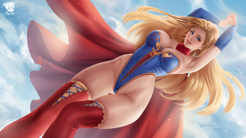 1girls absurd_res absurdres arm_gloves armpit armpits arms_up bare_hips bare_thighs big_breasts blonde_hair blue_clothes blue_clothing blue_eyes blue_gloves blue_leotard breasts busty cape child_bearing_hips cleavage clothed clothed_female clothing clouds dc dc_comics extremely_high_resolution female female_focus female_only fingerless_gloves fit fit_female flowing_hair flying high_resolution highres hips huge_filesize kara_zor-el kryptonian large_breasts large_filesize leotard light-skinned_female light_skin long_hair prywinko red_cape red_thighhighs shaved_armpit sky smile smiling solo solo_female solo_focus supergirl superheroine superman_(series) thick_thighs thighhighs thighs toned toned_body toned_female very_high_resolution