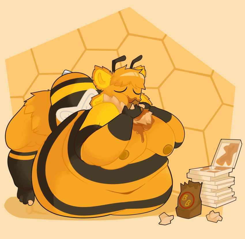 anthro arthropod ass bee belly big_belly burger catboyz closed_eyes eating eating_food fat food hi_res hymenopteran insects male morbidly_obese nipples nude obese obese_anthro obese_male overweight overweight_anthro overweight_male pizza_box simple_background solo solo_focus