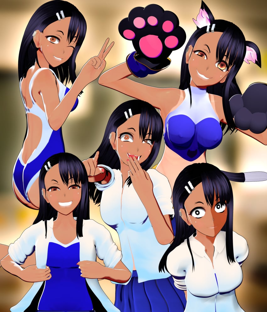 1girls banchouforte black_hair breasts brown_eyes cat_ears cat_paws cat_tail catgirl clothed clothing earrings female female_focus female_only hayase_nagatoro hi_res highres long_hair looking_at_viewer peace_sign please_don't_bully_me,_nagatoro revealing_clothes sideboob simple_background small_breasts smile solo swimsuit tan tan-skinned_female tan_body tan_skin tanned tanned_female