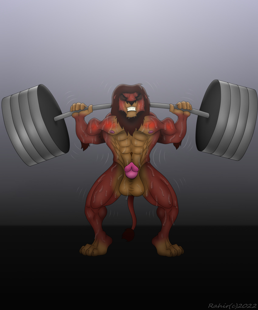 1boy 2022 abs anthro athletic balls bodily_fluids digital_media_(artwork) disney erection felid feline furry genitals hi_res kovu lifting lion male male_focus male_only mammal muscular nude pantherine pecs penis rahir shredded solo_anthro solo_male sweat the_lion_king vein weights