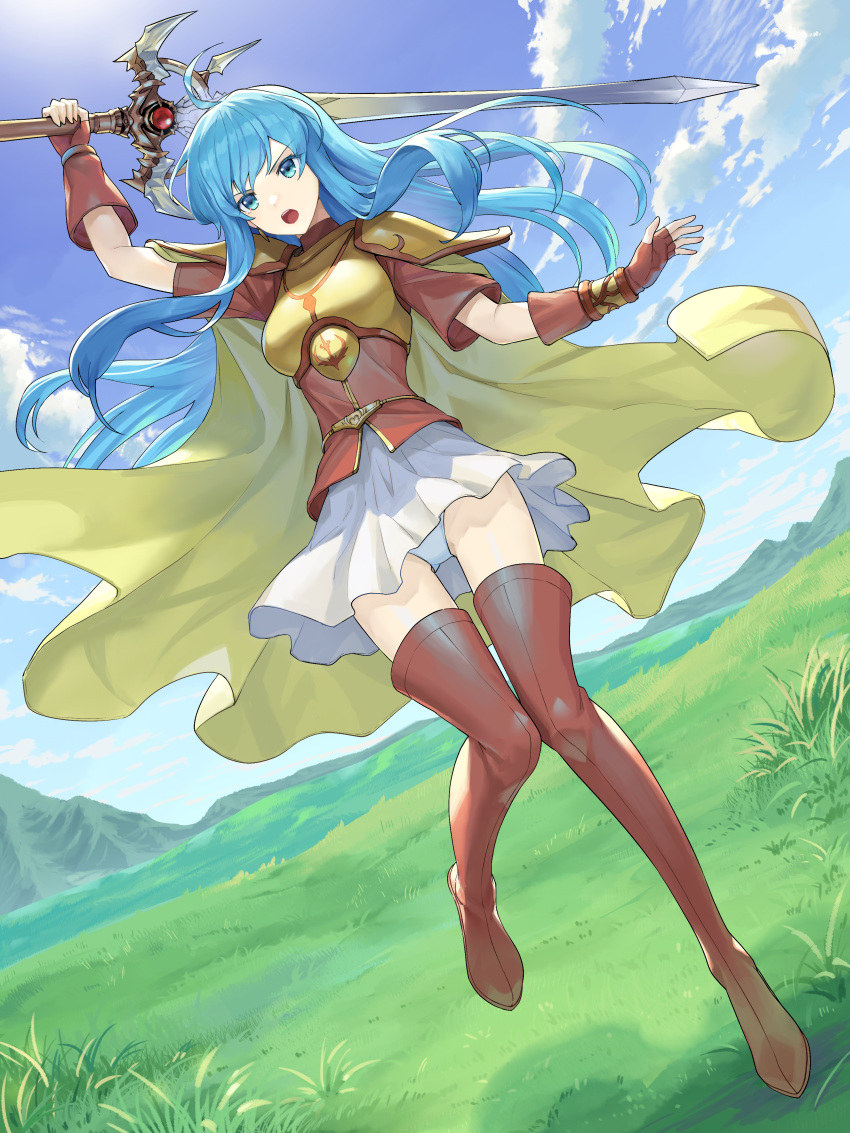 1girls absurdres armor boots breastplate cape cloud commission eirika_(fire_emblem) female female_only fingerless_gloves fire_emblem fire_emblem:_the_sacred_stones floating_hair fully_clothed gloves grass highres long_hair mountainous_horizon nintendo open_mouth outdoors panties pantyshot pantyshot_(standing) red_footwear red_gloves red_shirt shirt sieglinde_(fire_emblem) skeb_commission skirt sky solo souto_(0401) thigh_boots underwear upskirt v-shaped_eyebrows white_panties white_skirt yellow_cape