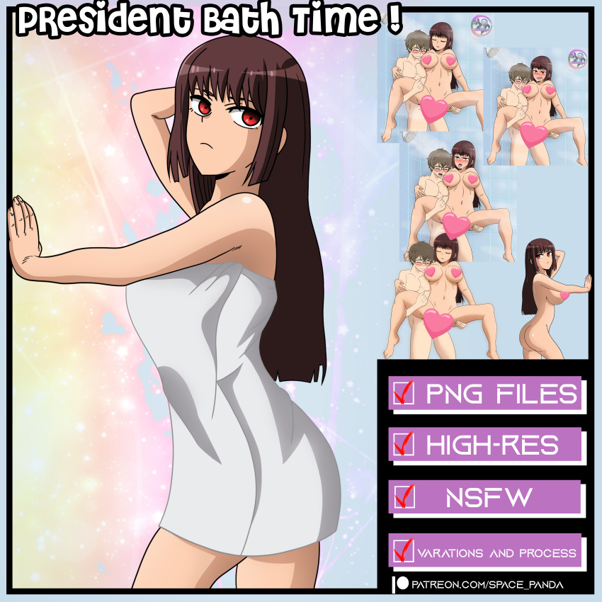 1boy 1girls big_breasts breasts brown_hair censored clothed clothing curvy english_text female glasses hi_res highres long_hair looking_at_viewer naoto_hachioji_(senpai) navel nude open_mouth please_don't_bully_me,_nagatoro president_(nagatoro) purple_hair red_eyes revealing_clothes sana_sunomiya short_hair sideboob simple_background space-panda text watermark wide_hips