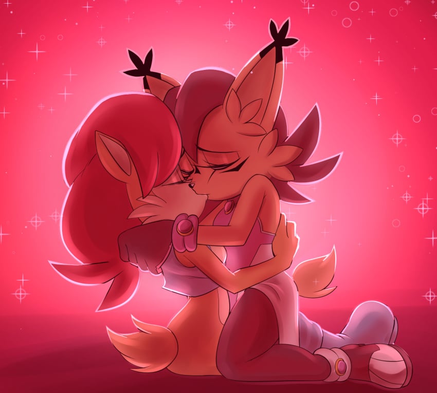 2girls anthro anthro_only archie_comics boots breasts couple eyelashes eyeliner female female_only furry furry_only gloves hi_res hug huwon kissing kneeling long_hair makeup medium_hair nicole_the_lynx on_knees romantic sally_acorn sega small_breasts sonic_(series) sonic_the_hedgehog_(archie) sonic_the_hedgehog_(comics) sonic_the_hedgehog_(series) tail vest yuri