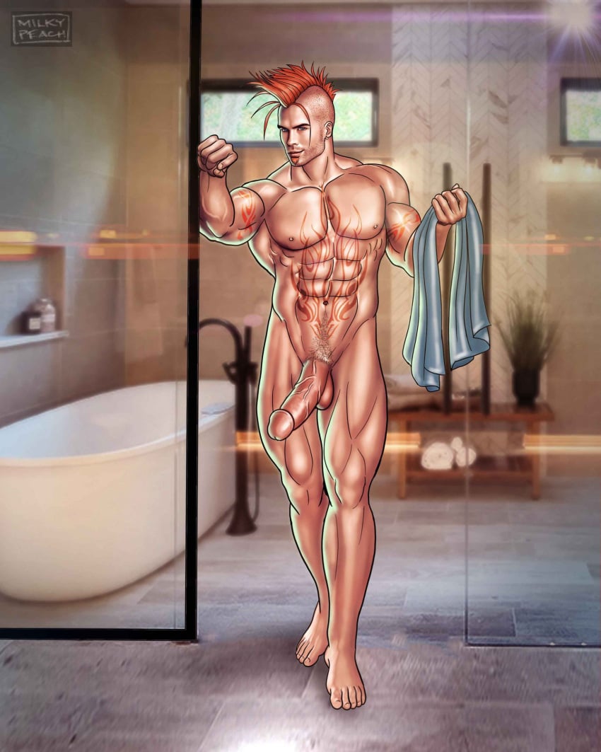 bathroom big_cock big_penis boner erect_penis erection hard_on huge_cock huge_penis looking_at_viewer male male_only marcus_(raimundo_dragoon) milkypeach232 muscles muscular muscular_male shower twitter_user_oc veiny_penis