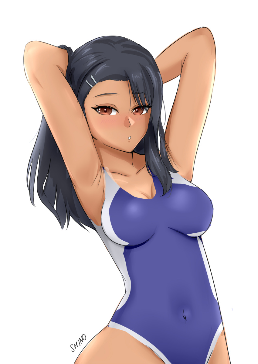 1girls big_breasts black_hair blush breasts brown_eyes cleavage clothed clothing female female_focus female_only hayase_nagatoro hi_res highres long_hair looking_at_viewer navel please_don't_bully_me,_nagatoro pose revealing_clothes shinoillust simple_background solo swimsuit tan tan-skinned_female tan_body tan_skin tanned tanned_female watermark white_background