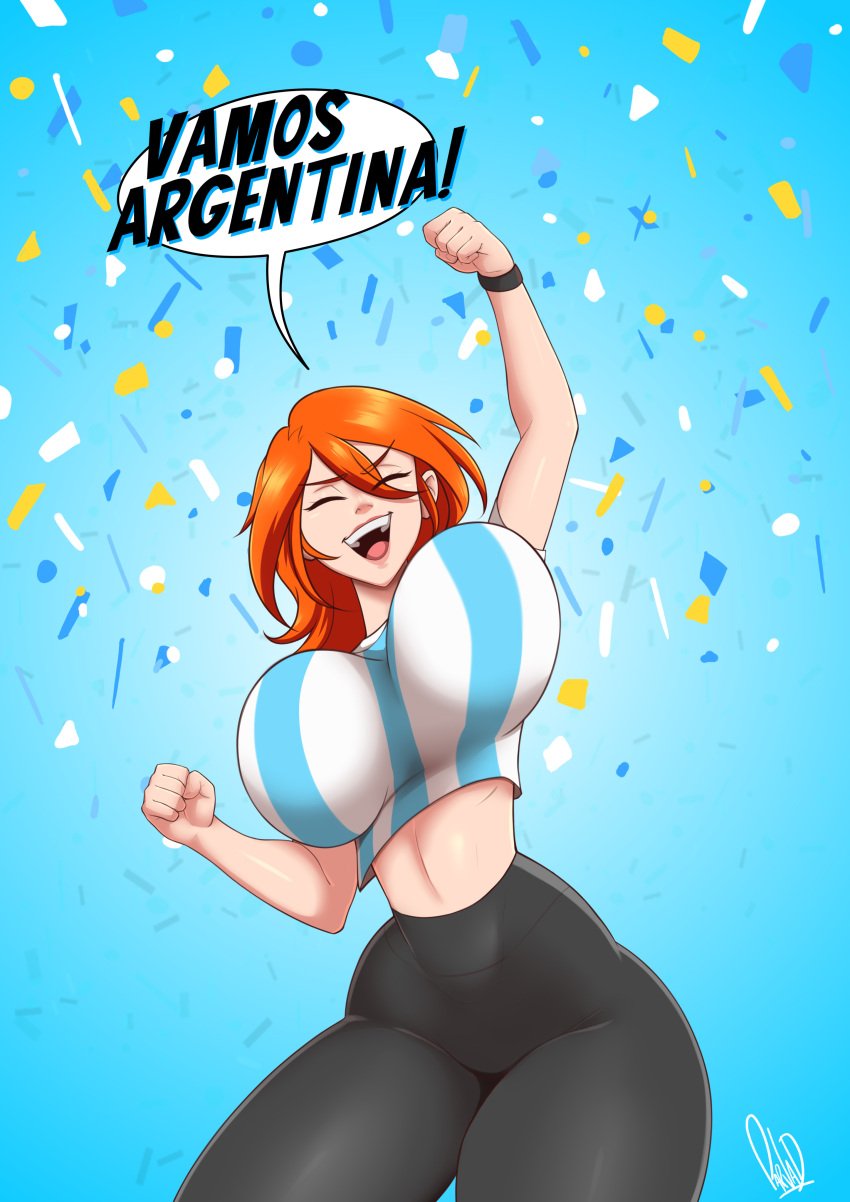 1girls argentina big_ass big_breasts celebration closed_eyes clothed clothing confetti fist_up football_uniform jenn_(parvad) orange_hair original_character parvad smile solo solo_female spanish_text