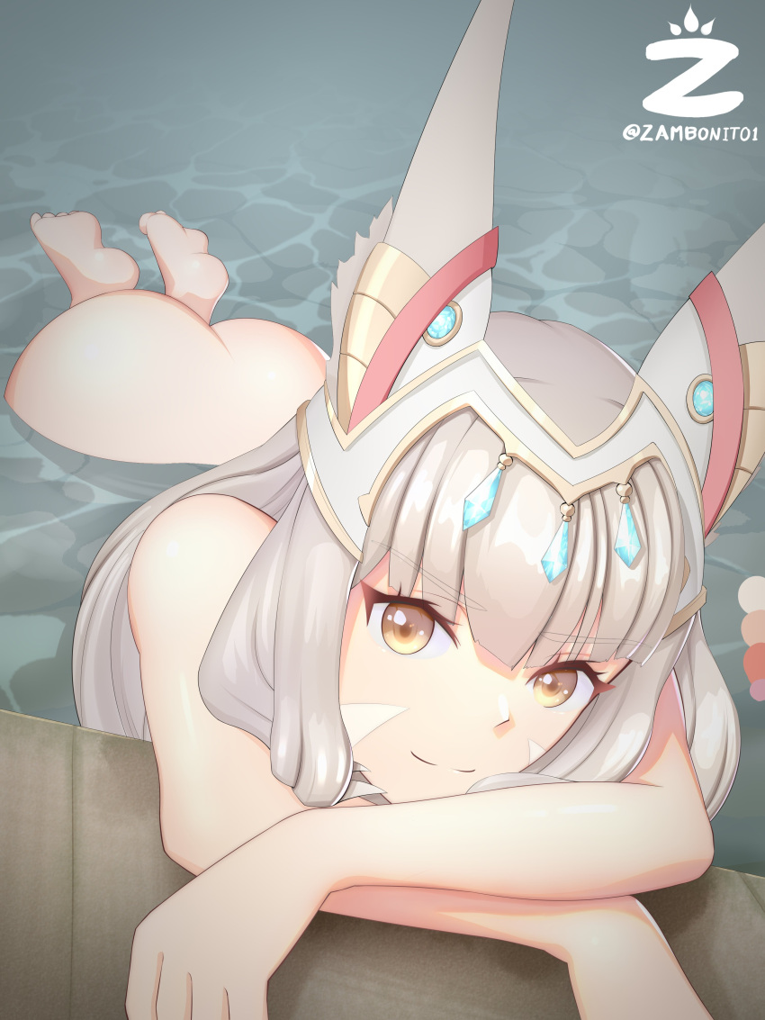 1girls apple_butt ass ass_up barefoot catgirl completely_nude crossed_arms cute face_markings feet female_only head_on_arm head_tilt headdress light-skinned_female long_hair looking_at_viewer milf nia nia_(xenoblade) nude_female partially_submerged pinup pool resting_head silver_hair skinny_dipping smile soles solo solo_female tagme the_pose water xenoblade_(series) xenoblade_chronicles_2 xenoblade_chronicles_3 yellow_eyes zambonito