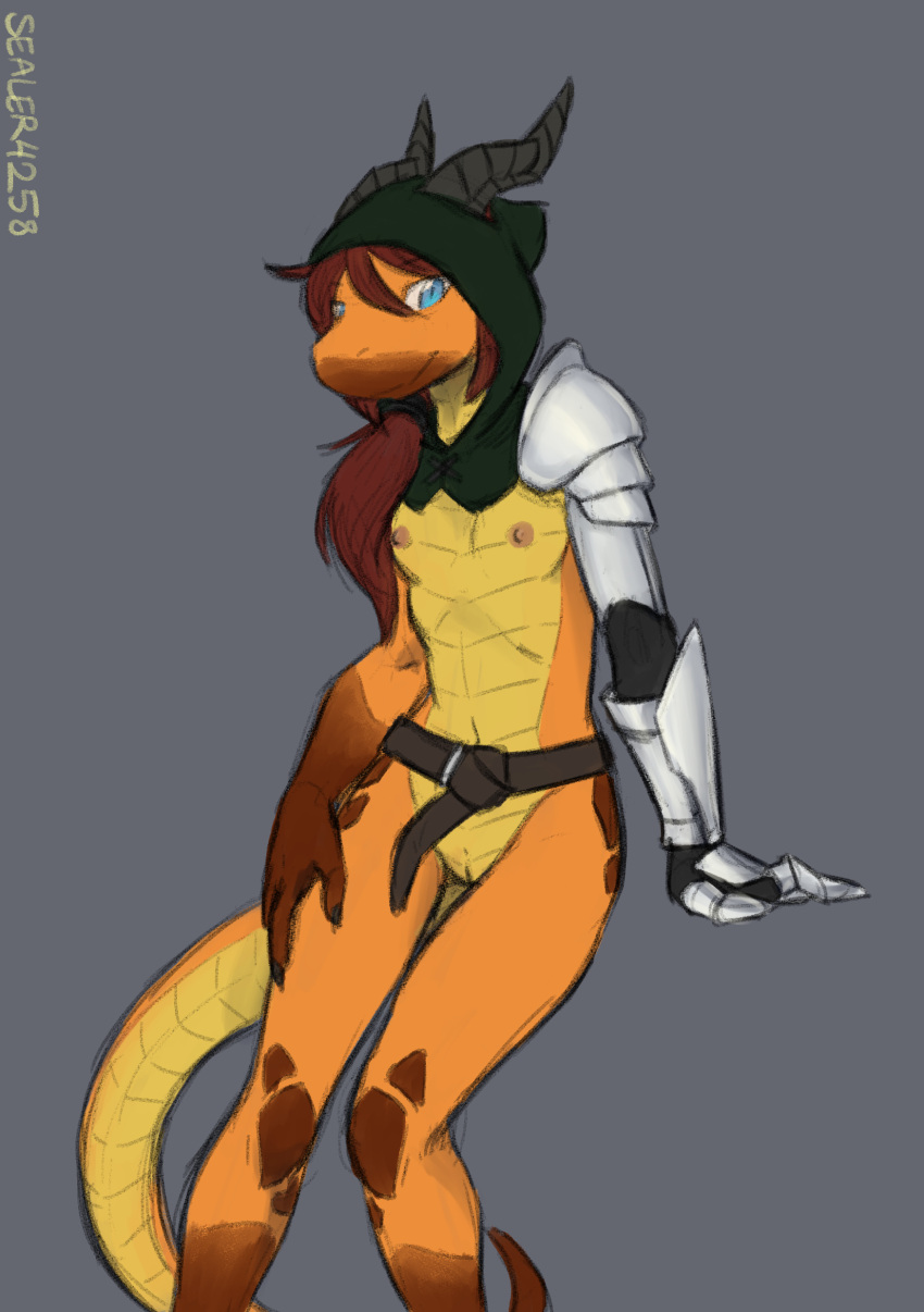 absurd_res anthro anthro_only armor armwear belt blue_eyes bottomless breasts brown_hair clothed clothing dragon female female/female genitals green_hood grey_horn hair hi_res horn llyana_(sealer4258) markings non-mammal_breasts ponytail pussy sealer4258 solo