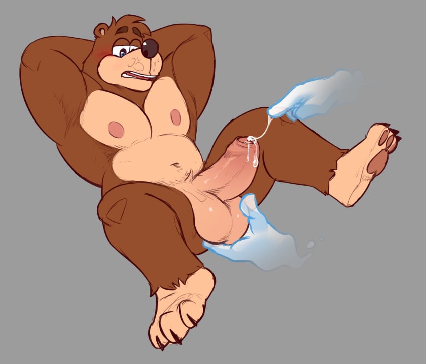 anthro balls banjo-kazooie banjo_(banjo-kazooie) boner brown_fur deliverymutt erection fondling_balls furry ghost_hands hands_behind_head male male_only muscles muscular nude penis precum precum_string rareware slightly_chubby solo solo_male spread_legs ursid