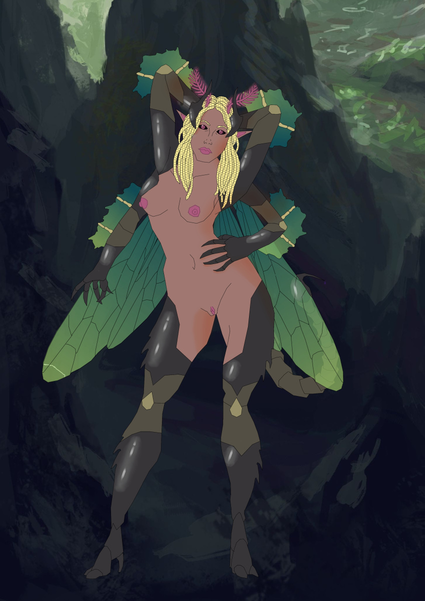 armpits female female_only glowing_ears glowing_eyes glowing_genitalia glowing_horns glowing_mouth glowing_nipples glowing_pussy hive_queen humanoid insect_humanoid insect_wings long_hair multi_arm multi_limb nude nude_female scorpion_tail