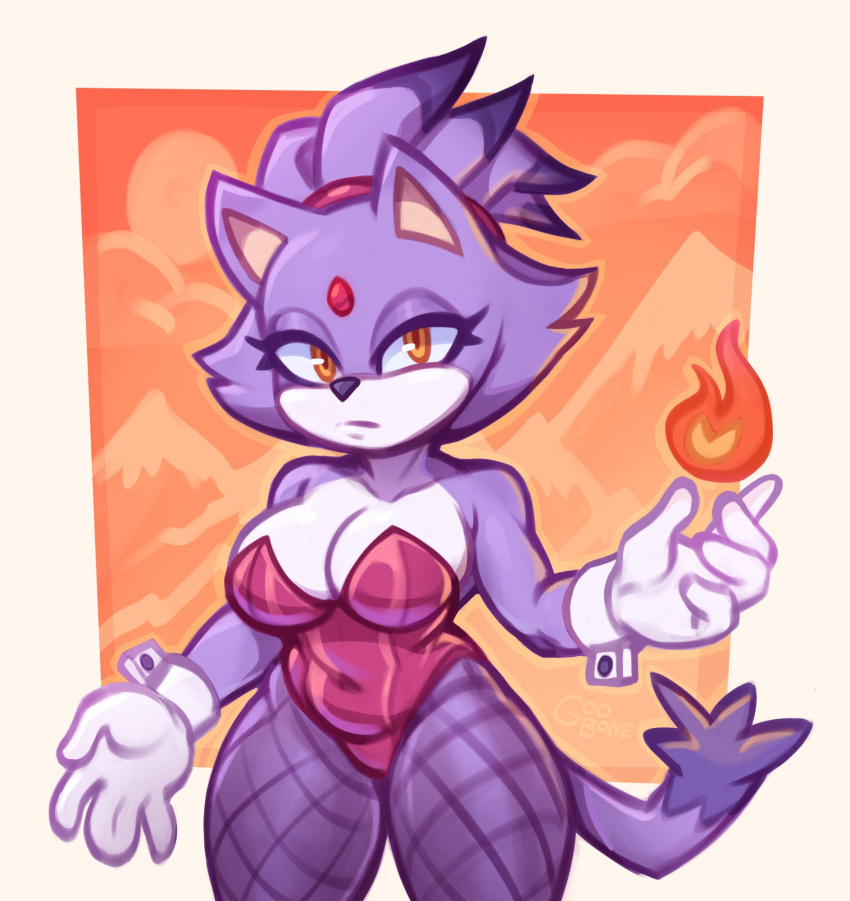 1girls blaze_the_cat breasts bunnysuit cat_ears catgirl cleavage feline female female_focus female_only fire fishnet_pantyhose gloves goobone hi_res looking_at_viewer narrowed_eyes orange_eyes pantyhose purple_hair sega solo sonic_(series) sonic_the_hedgehog_(series) tail thick_thighs thighs unamused wrist_cuffs