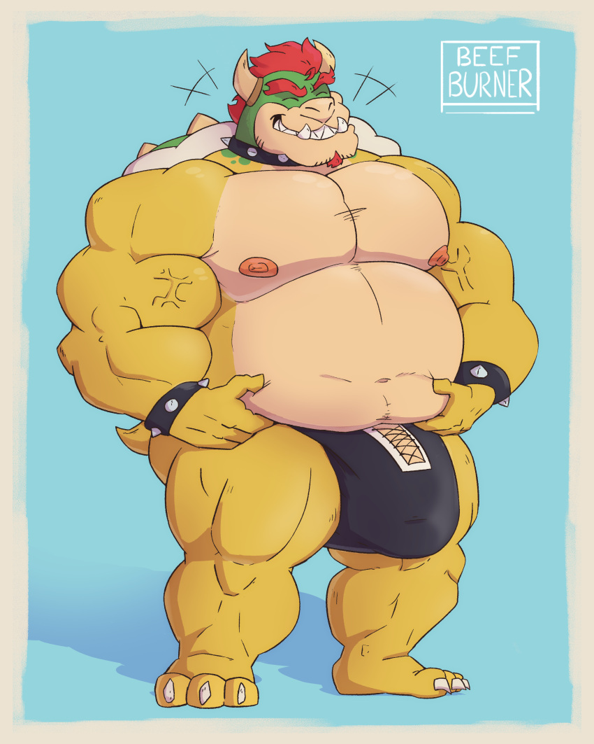 absurd_res anthro barazoku beefburner belly big_bulge big_muscles bowser bulge clothing collar digital_media_(artwork) flaccid genitals hair hi_res horn koopa male male_only mario_(series) musclegut muscular muscular_anthro muscular_male nintendo nipples pecs penis scalie sharp_teeth shell simple_background smile solo solo_male spikes teeth thick_thighs underwear