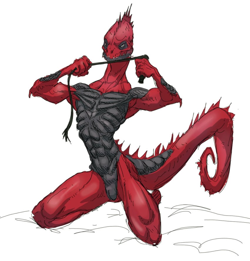 animal_genitalia anthro claws digital_media_(artwork) divinity:_original_sin_2 dominant facial_spikes genital_slit genitals hi_res lizard lizard_(divinity) male nude red_body red_scales reptile scales scalie scuotivento slit solo spikes spikes_(anatomy) teeth the_red_prince whip